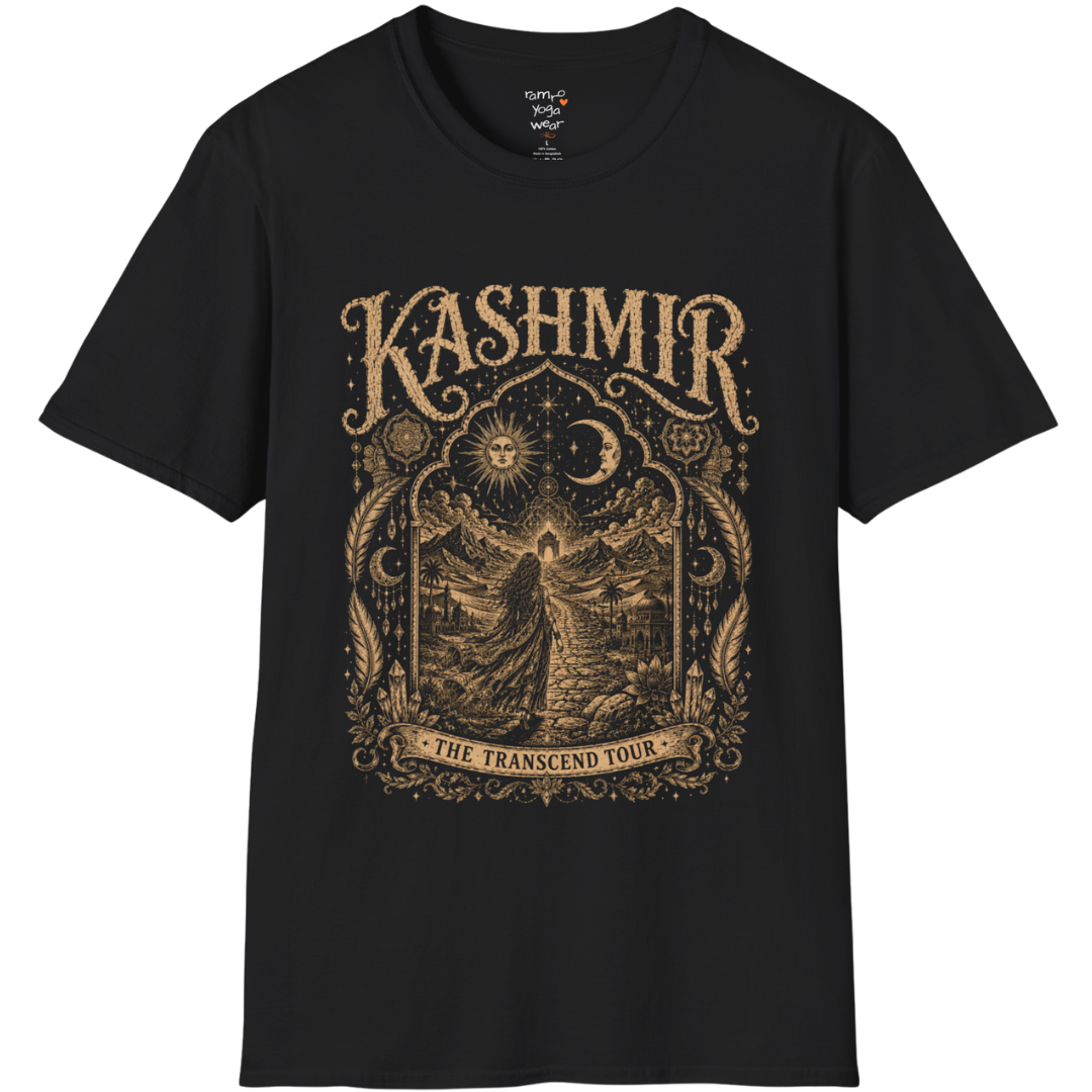 Woman before desert landscape in ornate mandala border with sun moon and sacred geometry engraving design — Sacred Thread collection by Ramro Yoga Wear — Black