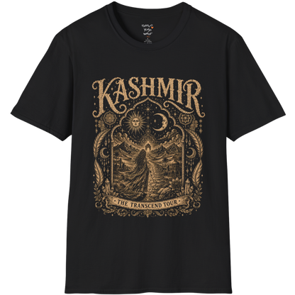 Woman before desert landscape in ornate mandala border with sun moon and sacred geometry engraving design — Sacred Thread collection by Ramro Yoga Wear — Black