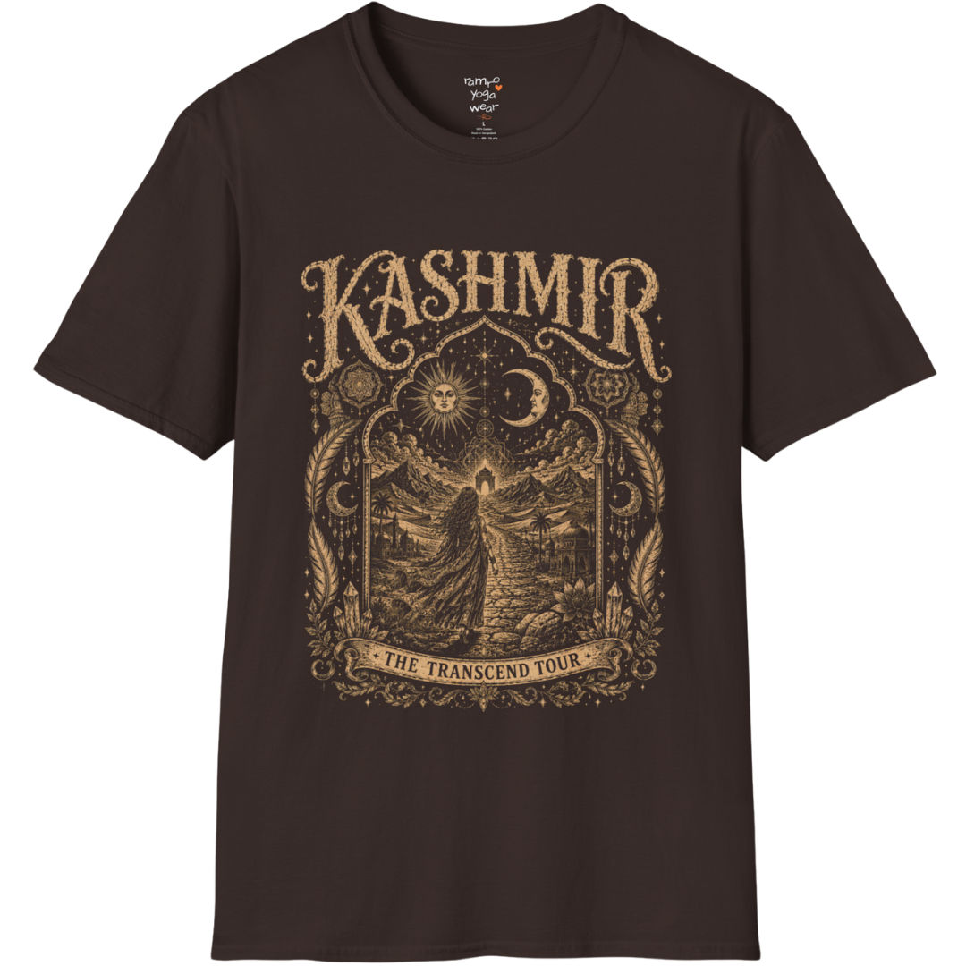 Woman before desert landscape in ornate mandala border with sun moon and sacred geometry engraving design — Sacred Thread collection by Ramro Yoga Wear — Dark Chocolate