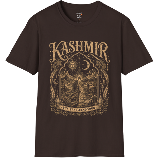 Woman before desert landscape in ornate mandala border with sun moon and sacred geometry engraving design — Sacred Thread collection by Ramro Yoga Wear — Dark Chocolate