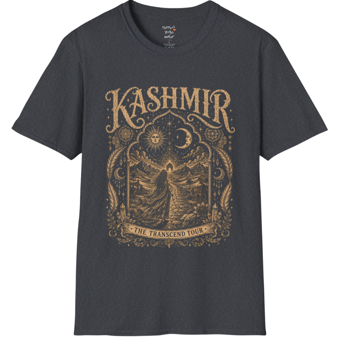 Woman before desert landscape in ornate mandala border with sun moon and sacred geometry engraving design — Sacred Thread collection by Ramro Yoga Wear — Dark Heather Grey