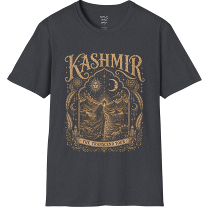 Woman before desert landscape in ornate mandala border with sun moon and sacred geometry engraving design — Sacred Thread collection by Ramro Yoga Wear — Dark Heather Grey