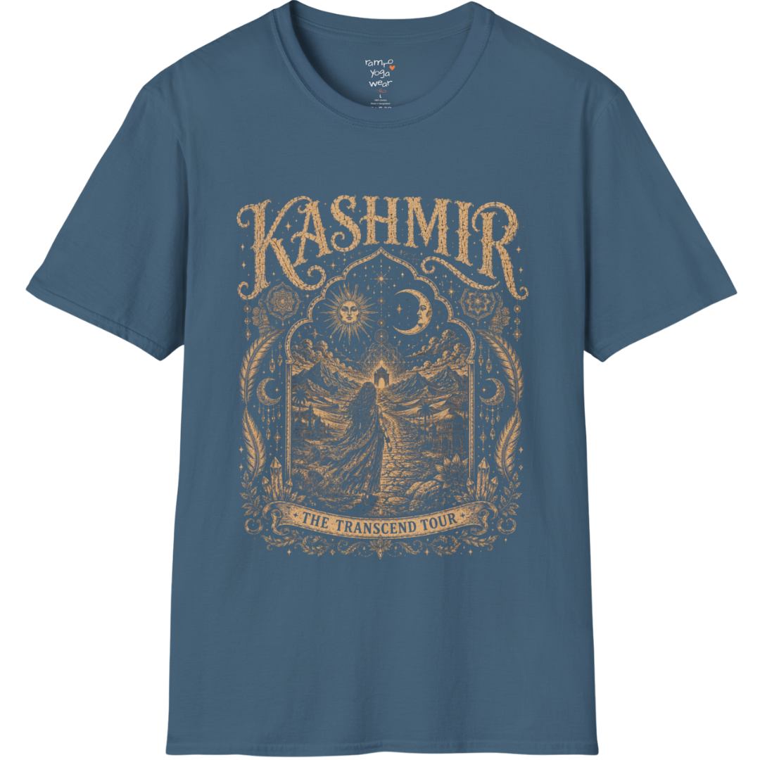 Woman before desert landscape in ornate mandala border with sun moon and sacred geometry engraving design — Sacred Thread collection by Ramro Yoga Wear — Indigo Blue