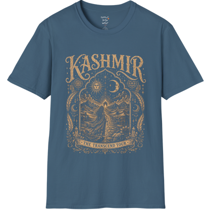 Woman before desert landscape in ornate mandala border with sun moon and sacred geometry engraving design — Sacred Thread collection by Ramro Yoga Wear — Indigo Blue