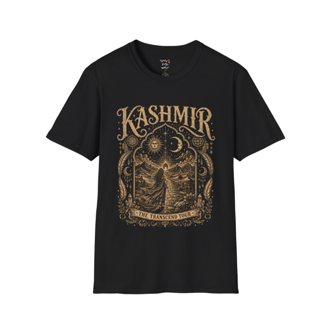 Woman before desert landscape in ornate mandala border with sun moon and sacred geometry engraving design — Sacred Thread collection by Ramro Yoga Wear — Black
