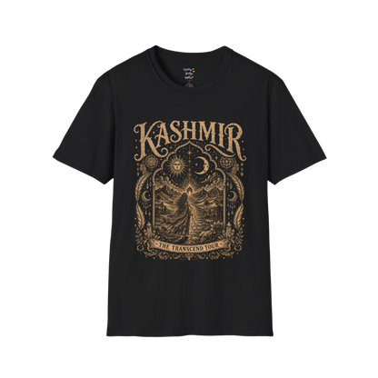 Woman before desert landscape in ornate mandala border with sun moon and sacred geometry engraving design — Sacred Thread collection by Ramro Yoga Wear — Black