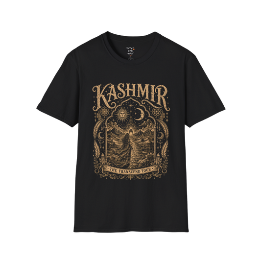 Woman before desert landscape in ornate mandala border with sun moon and sacred geometry engraving design — Sacred Thread collection by Ramro Yoga Wear — Black