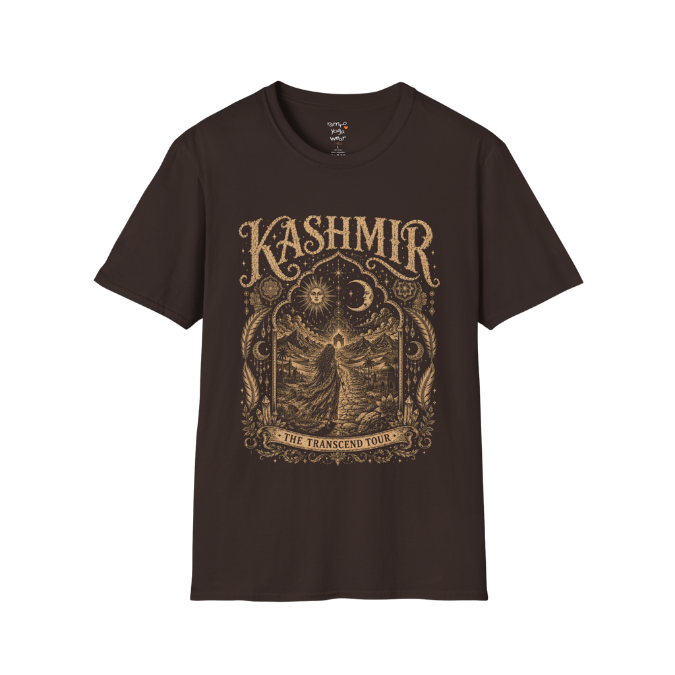 Woman before desert landscape in ornate mandala border with sun moon and sacred geometry engraving design — Sacred Thread collection by Ramro Yoga Wear — Dark Chocolate