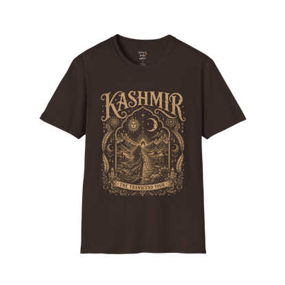 Woman before desert landscape in ornate mandala border with sun moon and sacred geometry engraving design — Sacred Thread collection by Ramro Yoga Wear — Dark Chocolate