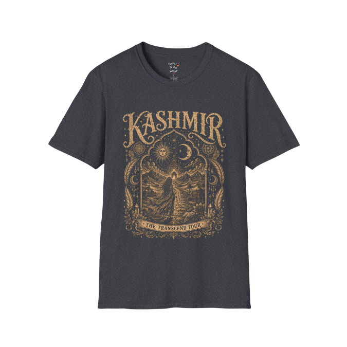 Woman before desert landscape in ornate mandala border with sun moon and sacred geometry engraving design — Sacred Thread collection by Ramro Yoga Wear — Dark Heather Grey
