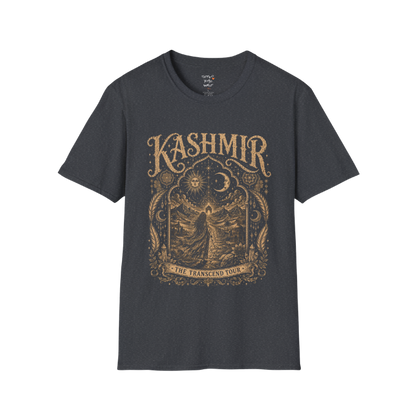 Woman before desert landscape in ornate mandala border with sun moon and sacred geometry engraving design — Sacred Thread collection by Ramro Yoga Wear — Dark Heather Grey