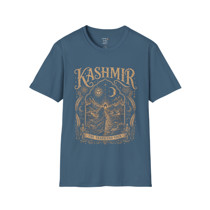 Woman before desert landscape in ornate mandala border with sun moon and sacred geometry engraving design — Sacred Thread collection by Ramro Yoga Wear — Indigo Blue