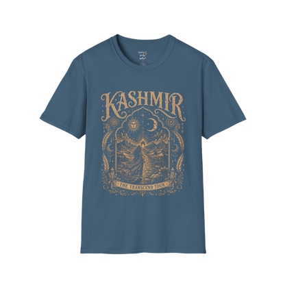 Woman before desert landscape in ornate mandala border with sun moon and sacred geometry engraving design — Sacred Thread collection by Ramro Yoga Wear — Indigo Blue