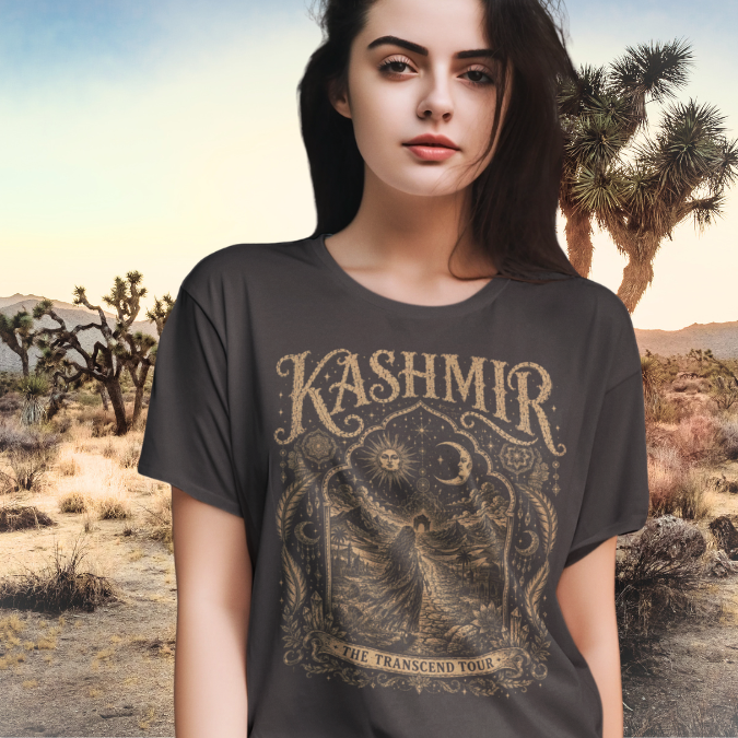 Woman wearing Kashmir dark chocolate y sacred yoga shirt at Joshua Tree desert — Sacred Thread collection by Ramro Yoga Wear