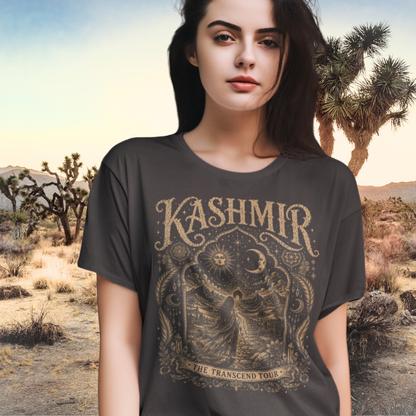 Woman wearing Kashmir dark chocolate y sacred yoga shirt at Joshua Tree desert — Sacred Thread collection by Ramro Yoga Wear