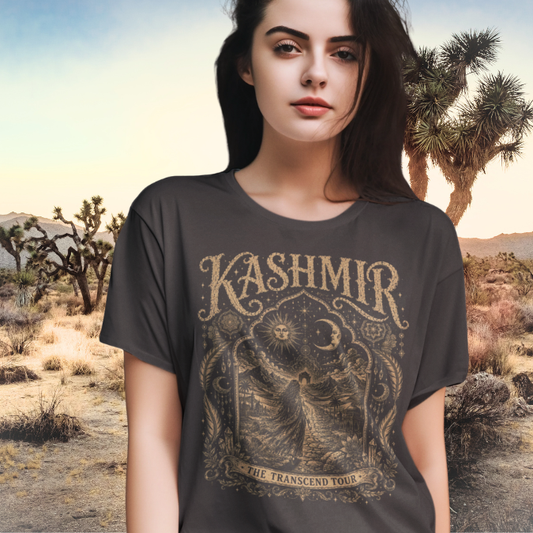 Woman wearing Kashmir dark chocolate y sacred yoga shirt at Joshua Tree desert — Sacred Thread collection by Ramro Yoga Wear