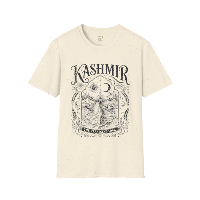 Woman before desert landscape in ornate mandala border with sun moon and sacred geometry engraving design — Sacred Thread collection by Ramro Yoga Wear — Natural