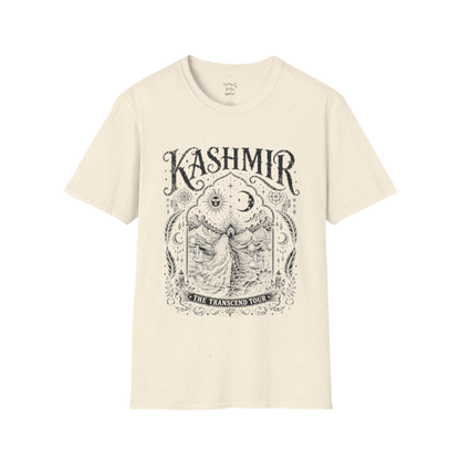 Woman before desert landscape in ornate mandala border with sun moon and sacred geometry engraving design — Sacred Thread collection by Ramro Yoga Wear — Natural