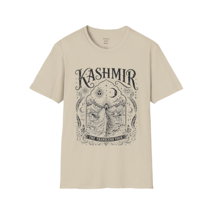 Woman before desert landscape in ornate mandala border with sun moon and sacred geometry engraving design — Sacred Thread collection by Ramro Yoga Wear — Sand