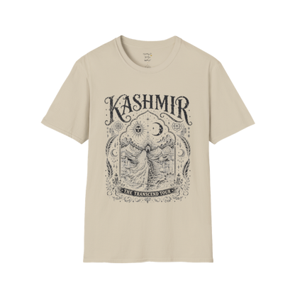 Woman before desert landscape in ornate mandala border with sun moon and sacred geometry engraving design — Sacred Thread collection by Ramro Yoga Wear — Sand