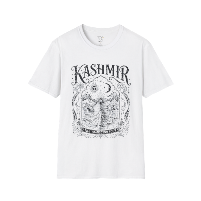 Woman before desert landscape in ornate mandala border with sun moon and sacred geometry engraving design — Sacred Thread collection by Ramro Yoga Wear — White