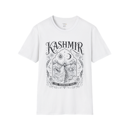 Woman before desert landscape in ornate mandala border with sun moon and sacred geometry engraving design — Sacred Thread collection by Ramro Yoga Wear — White
