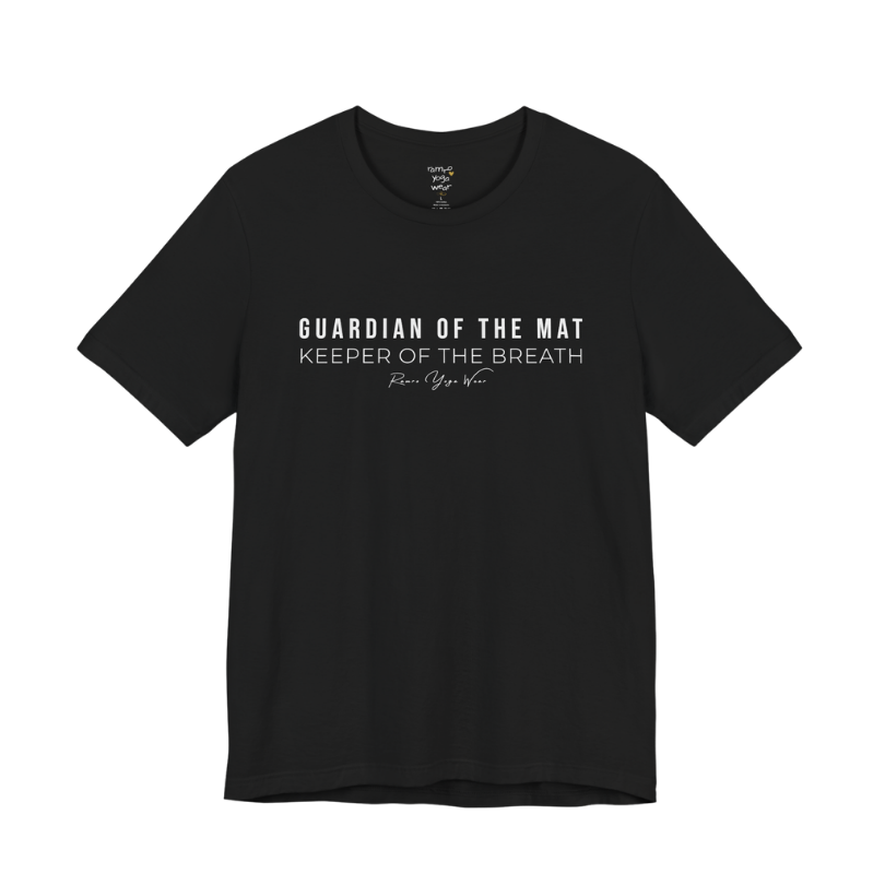 GUARDIAN OF THE MAT KEEPER OF THE BREATH yoga teacher gift tee flat lay in Black — Yoga Teacher Gifts collection by Ramro Yoga Wear