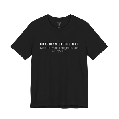 GUARDIAN OF THE MAT KEEPER OF THE BREATH yoga teacher gift tee flat lay in Black — Yoga Teacher Gifts collection by Ramro Yoga Wear