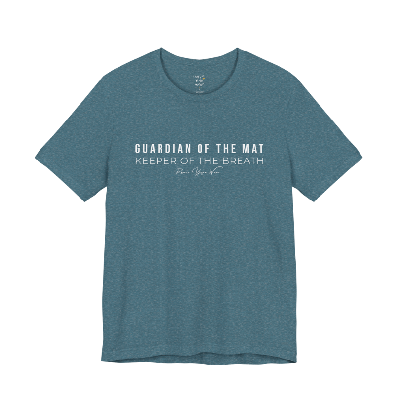 GUARDIAN OF THE MAT KEEPER OF THE BREATH yoga teacher gift tee flat lay in Heather Deep Teal — Yoga Teacher Gifts collection by Ramro Yoga Wear