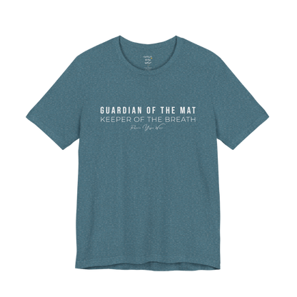GUARDIAN OF THE MAT KEEPER OF THE BREATH yoga teacher gift tee flat lay in Heather Deep Teal — Yoga Teacher Gifts collection by Ramro Yoga Wear