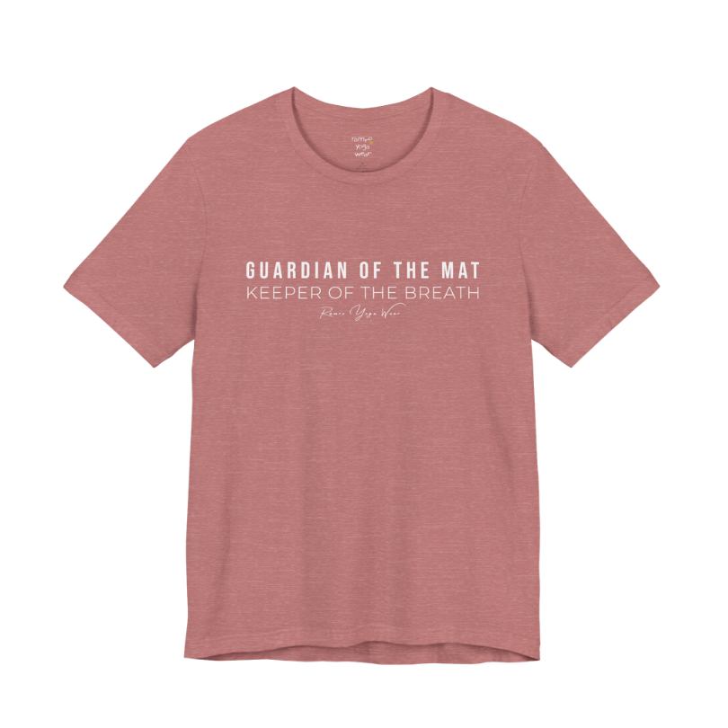 GUARDIAN OF THE MAT KEEPER OF THE BREATH yoga teacher gift tee flat lay in Heather Mauve — Yoga Teacher Gifts collection by Ramro Yoga Wear