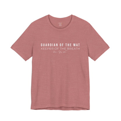 GUARDIAN OF THE MAT KEEPER OF THE BREATH yoga teacher gift tee flat lay in Heather Mauve — Yoga Teacher Gifts collection by Ramro Yoga Wear