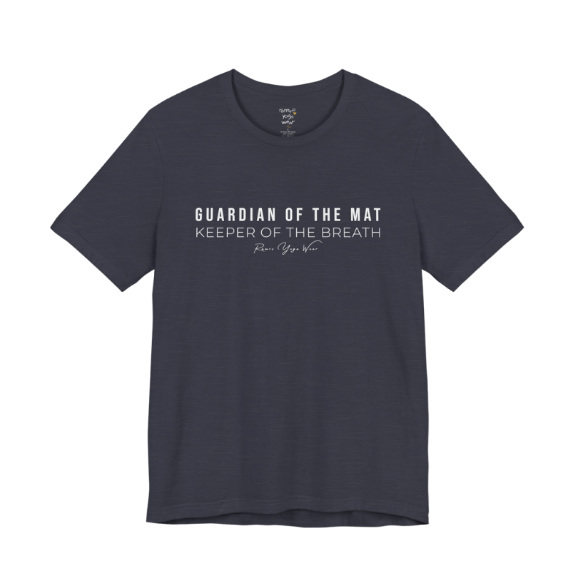 GUARDIAN OF THE MAT KEEPER OF THE BREATH yoga teacher gift tee flat lay in Heather Midnight Navy — Yoga Teacher Gifts collection by Ramro Yoga Wear