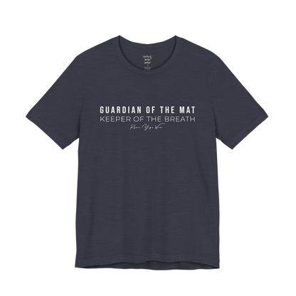 GUARDIAN OF THE MAT KEEPER OF THE BREATH yoga teacher gift tee flat lay in Heather Midnight Navy — Yoga Teacher Gifts collection by Ramro Yoga Wear