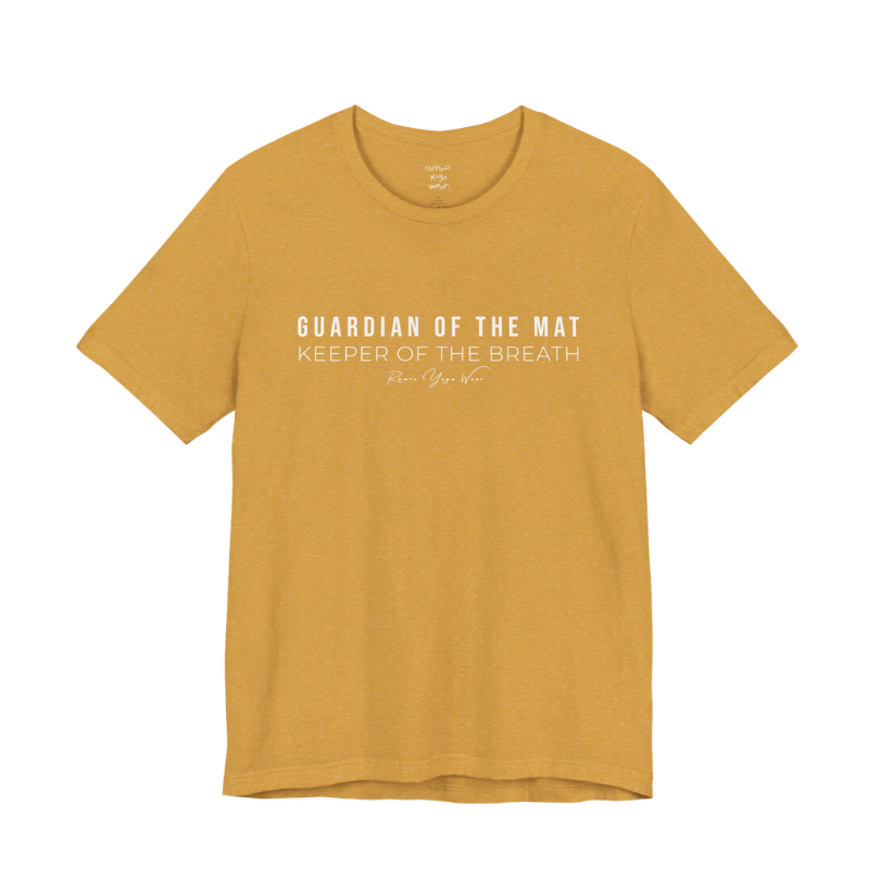 GUARDIAN OF THE MAT KEEPER OF THE BREATH yoga teacher gift tee flat lay in Heather Mustard — Yoga Teacher Gifts collection by Ramro Yoga Wear