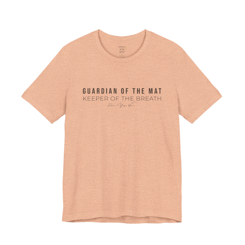 GUARDIAN OF THE MAT KEEPER OF THE BREATH yoga teacher gift tee flat lay in Heather Peach — Yoga Teacher Gifts collection by Ramro Yoga Wear