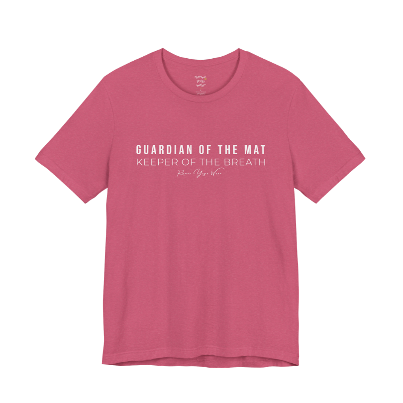 GUARDIAN OF THE MAT KEEPER OF THE BREATH yoga teacher gift tee flat lay in Heather Raspberry — Yoga Teacher Gifts collection by Ramro Yoga Wear