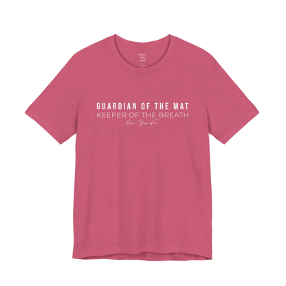GUARDIAN OF THE MAT KEEPER OF THE BREATH yoga teacher gift tee flat lay in Heather Raspberry — Yoga Teacher Gifts collection by Ramro Yoga Wear