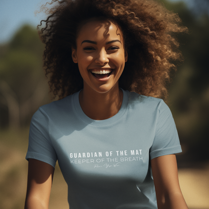 Woman wearing Keeper Heather Blue Lagoon yoga teacher gift tee laughing outdoors — Yoga Teacher Gifts collection by Ramro Yoga Wear
