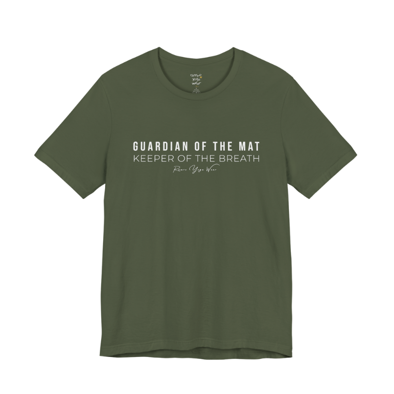 GUARDIAN OF THE MAT KEEPER OF THE BREATH yoga teacher gift tee flat lay in Military Green — Yoga Teacher Gifts collection by Ramro Yoga Wear