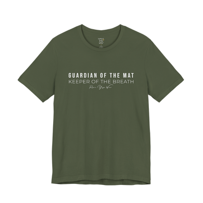 GUARDIAN OF THE MAT KEEPER OF THE BREATH yoga teacher gift tee flat lay in Military Green — Yoga Teacher Gifts collection by Ramro Yoga Wear