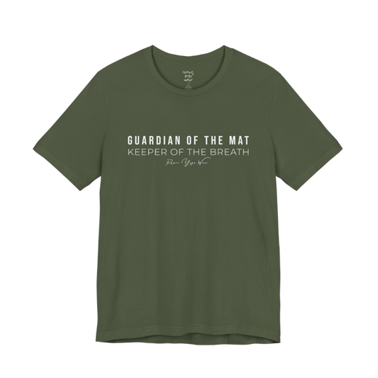 GUARDIAN OF THE MAT KEEPER OF THE BREATH yoga teacher gift tee flat lay in Military Green — Yoga Teacher Gifts collection by Ramro Yoga Wear