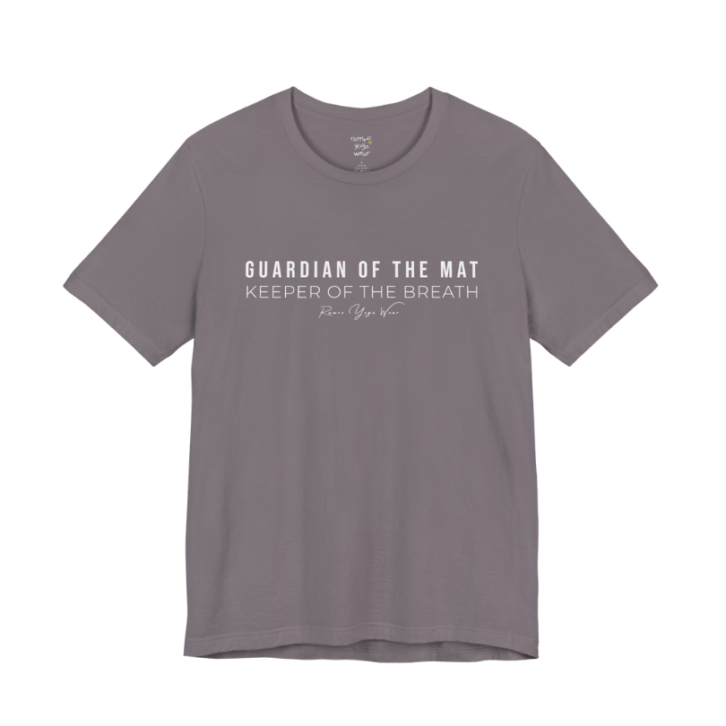 GUARDIAN OF THE MAT KEEPER OF THE BREATH yoga teacher gift tee flat lay in Storm — Yoga Teacher Gifts collection by Ramro Yoga Wear