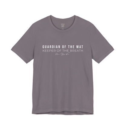 GUARDIAN OF THE MAT KEEPER OF THE BREATH yoga teacher gift tee flat lay in Storm — Yoga Teacher Gifts collection by Ramro Yoga Wear