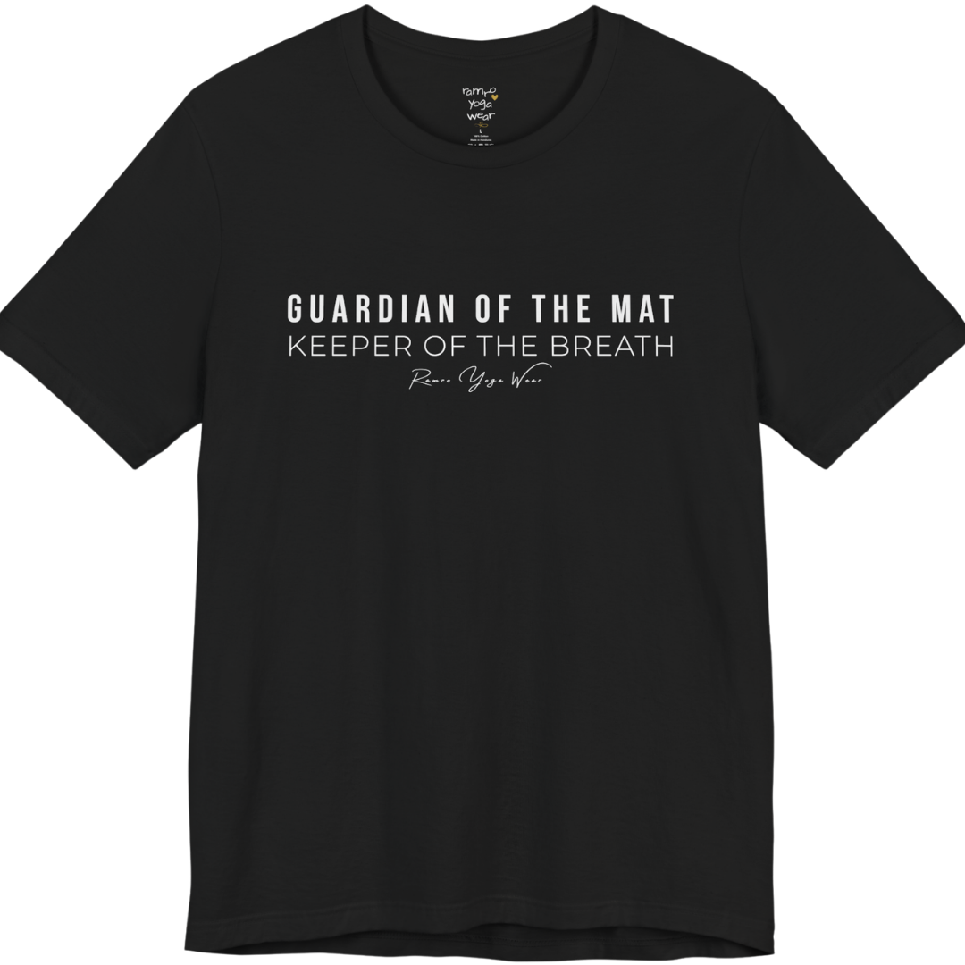 GUARDIAN OF THE MAT KEEPER OF THE BREATH yoga teacher gift tee flat lay in Black — Yoga Teacher Gifts collection by Ramro Yoga Wear