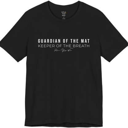 GUARDIAN OF THE MAT KEEPER OF THE BREATH yoga teacher gift tee flat lay in Black — Yoga Teacher Gifts collection by Ramro Yoga Wear