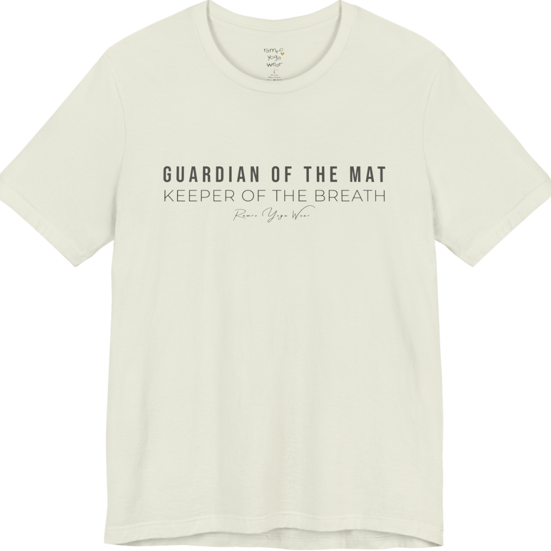 GUARDIAN OF THE MAT KEEPER OF THE BREATH yoga teacher gift tee flat lay in Citron — Yoga Teacher Gifts collection by Ramro Yoga Wear