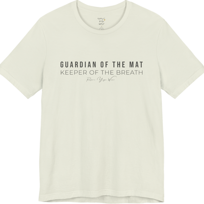 GUARDIAN OF THE MAT KEEPER OF THE BREATH yoga teacher gift tee flat lay in Citron — Yoga Teacher Gifts collection by Ramro Yoga Wear