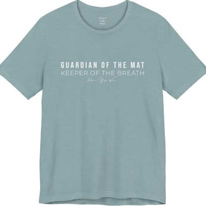 GUARDIAN OF THE MAT KEEPER OF THE BREATH yoga teacher gift tee flat lay in Heather Blue Lagoon — Yoga Teacher Gifts collection by Ramro Yoga Wear