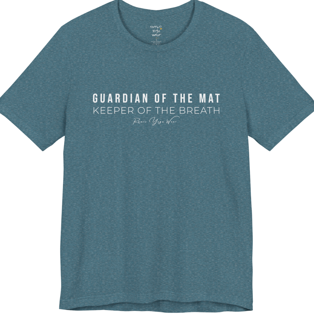 GUARDIAN OF THE MAT KEEPER OF THE BREATH yoga teacher gift tee flat lay in Heather Deep Teal — Yoga Teacher Gifts collection by Ramro Yoga Wear